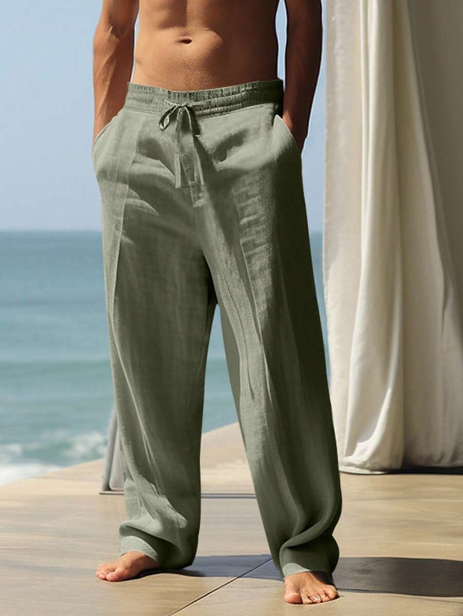 Pantalones largos casuales de lino para hombre, finos y transpirables